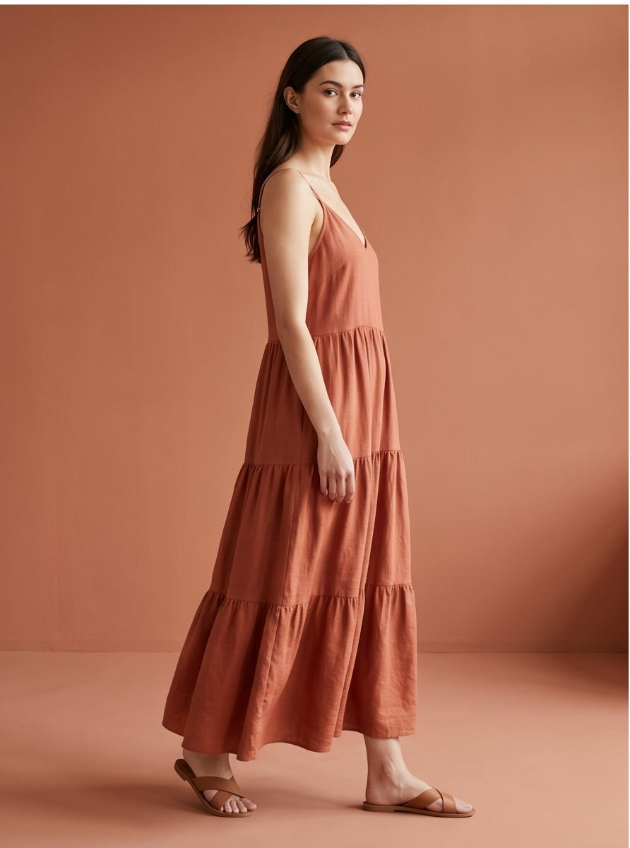 Terracotta Linen Tiered Maxi Dress