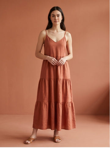 Terracotta Linen Tiered Maxi Dress