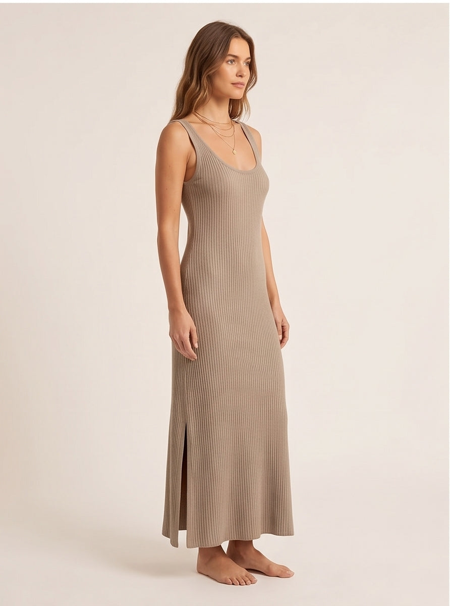 Greige Ribbed Knit Maxi Dress