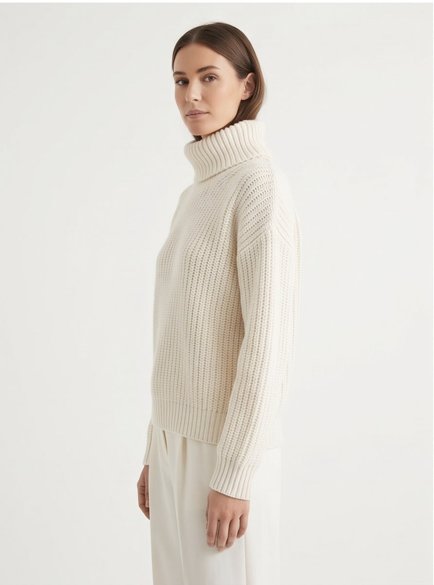 Winter White Chunky Turtleneck Bold Tonal Luxury Knit Top