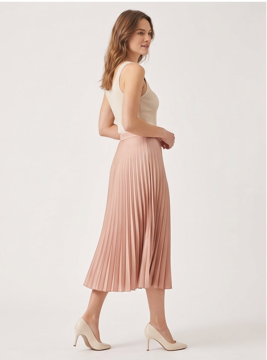 Blush Pleated Satin Midi Skirt