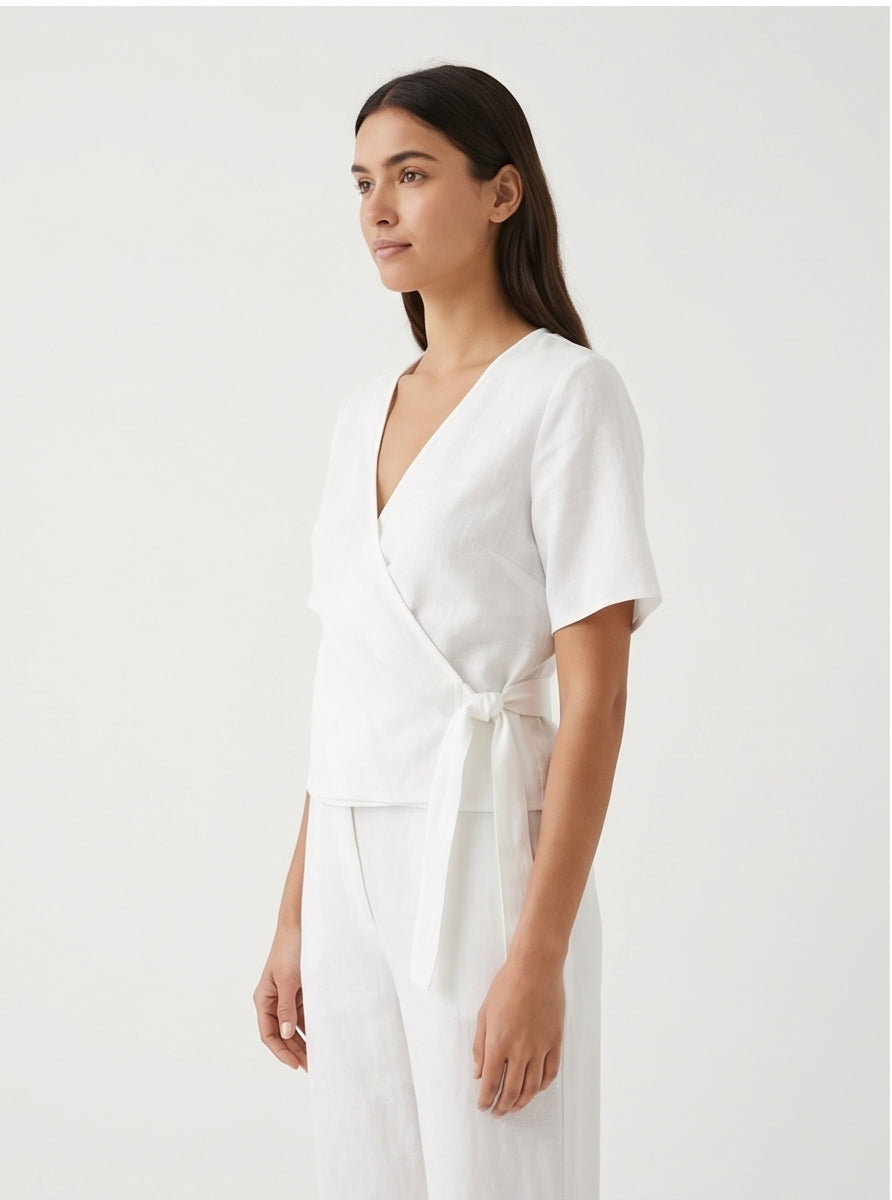 White Linen Wrap Top