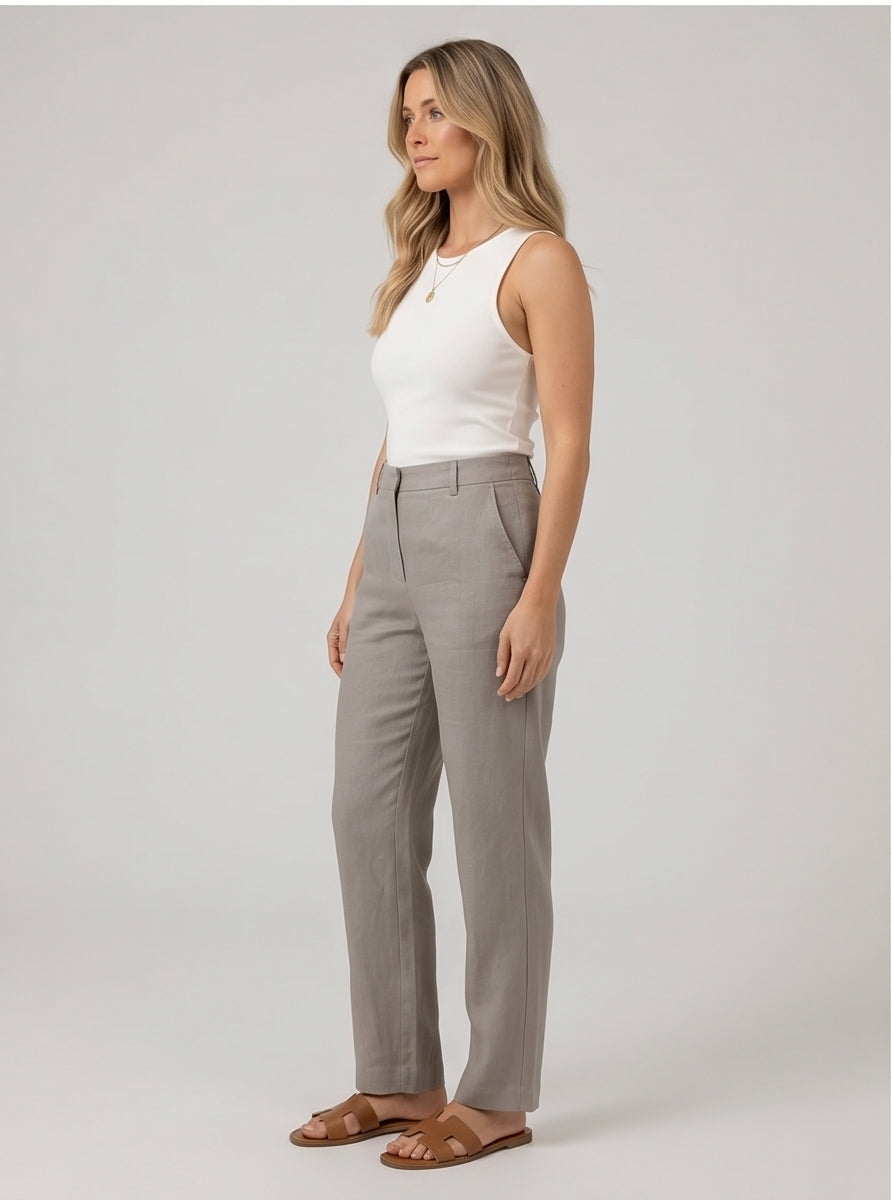 Stone Grey Straight-Leg Linen Trousers