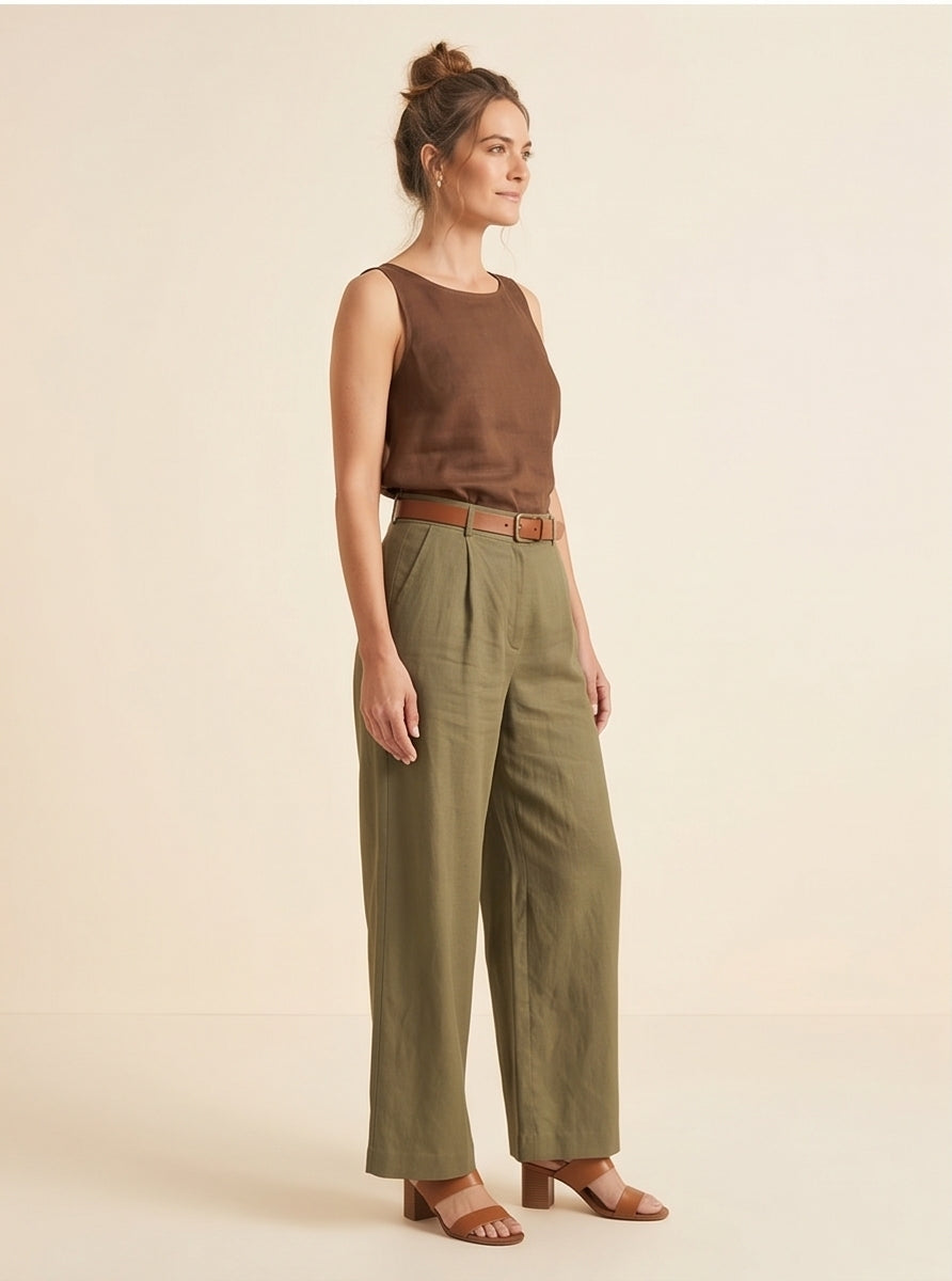 Olive Green Wide-Leg Linen Trousers