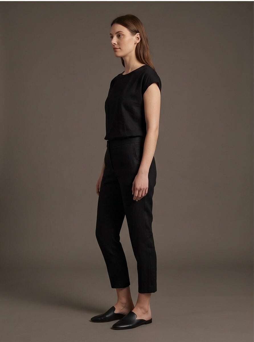 Black Slim Cropped Linen Trousers
