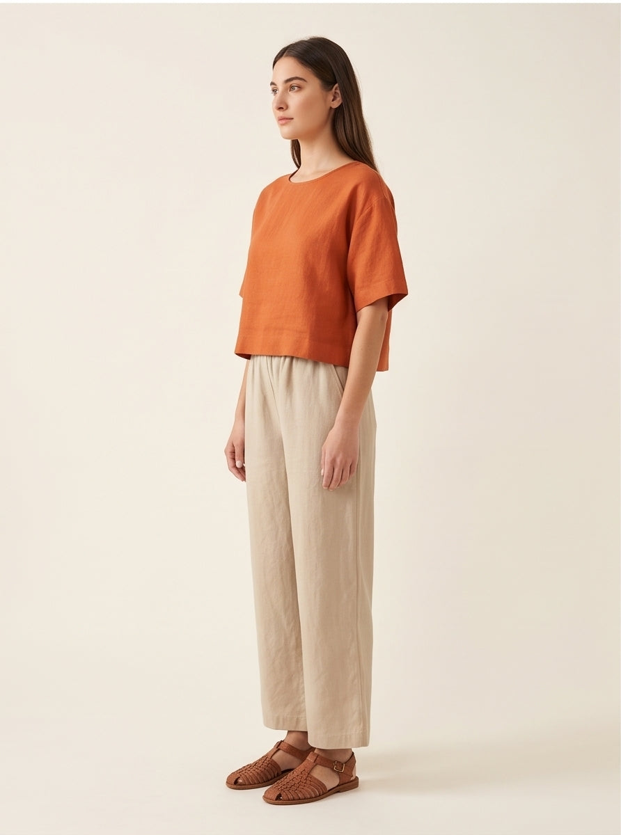Burnt Orange Boxy Linen Crop Top