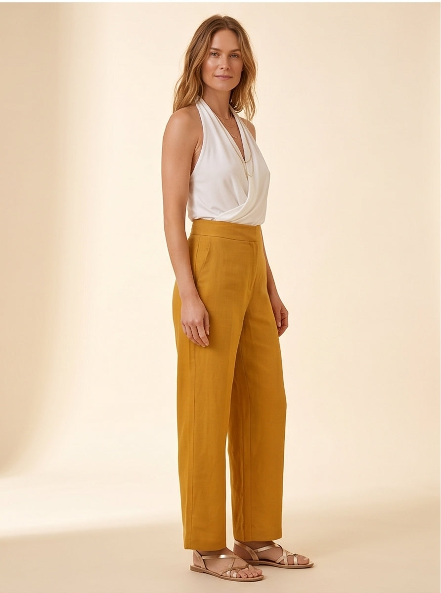 Mustard Gold Wide-Leg Linen Trousers