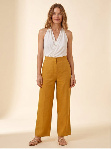 Mustard Gold Wide-Leg Linen Trousers