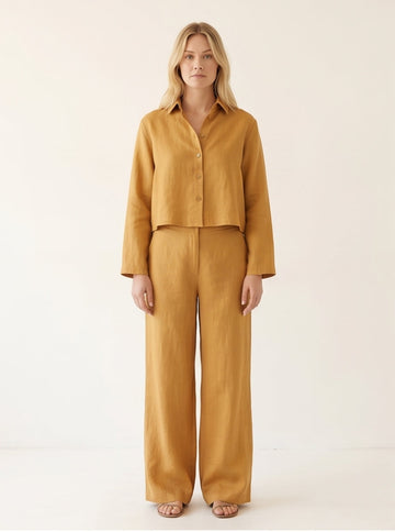 Honey Gold Linen Wide-Leg Co-Ord Set