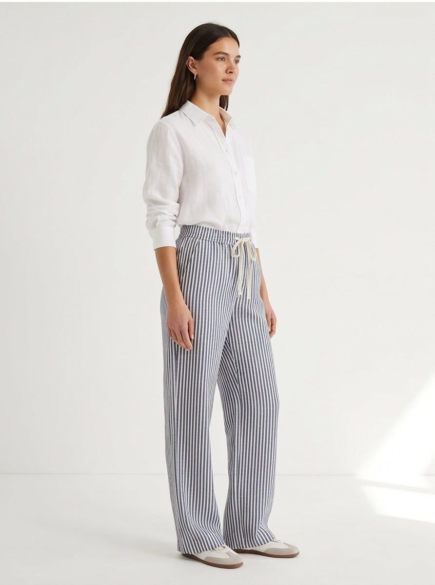 Navy Stripe Wide-Leg Linen Trousers