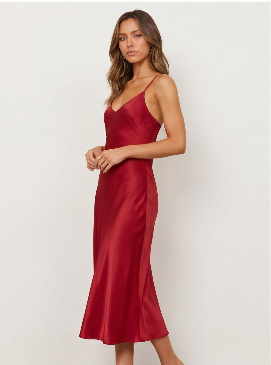 Cherry Red Silky Slip Midi Dress
