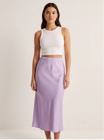 Lavender Satin Bias-Cut Slip Midi Skirt