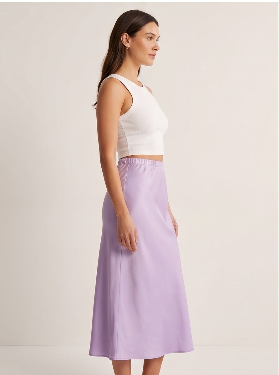 Lavender Satin Bias-Cut Slip Midi Skirt