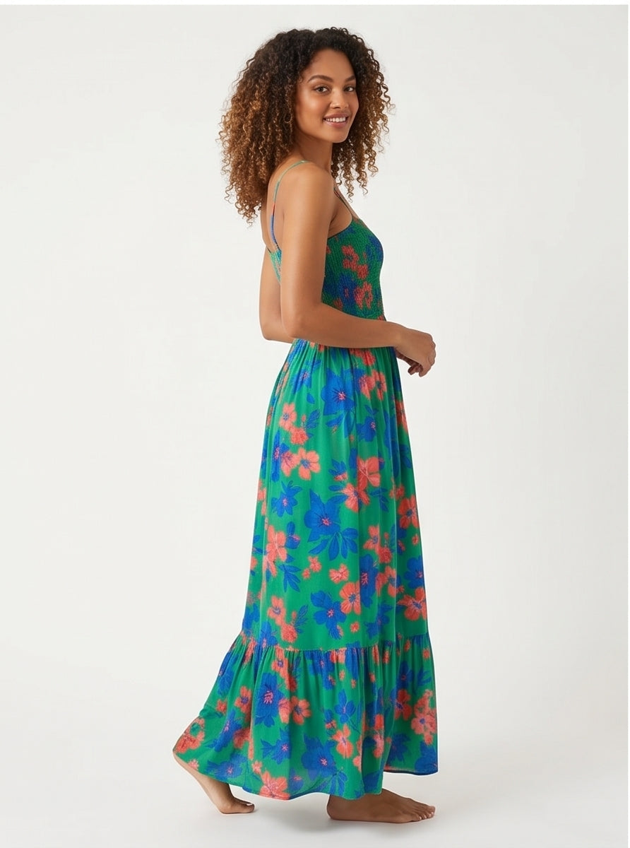 Tropical Floral Smocked Maxi Sundress