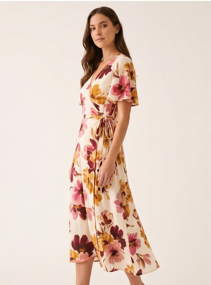 Painterly Floral Midi Wrap Dress