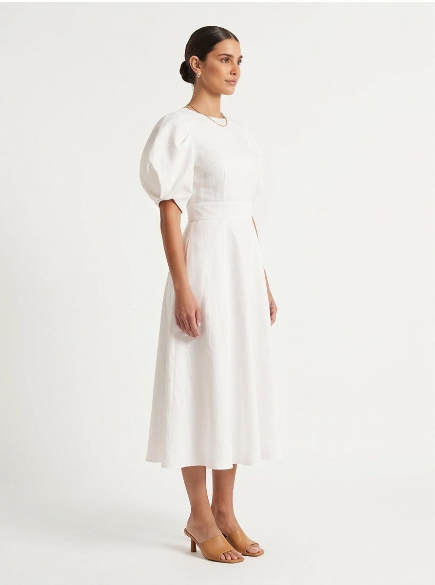 White Linen Sculptural Midi Dress