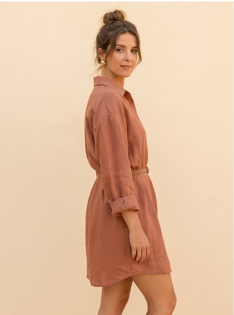 Dusty Terracotta Linen Midi Shirt Dress