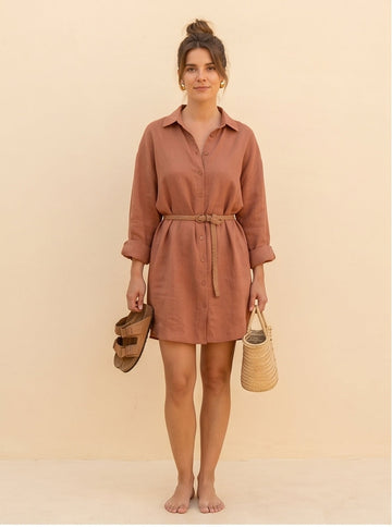 Dusty Terracotta Linen Midi Shirt Dress