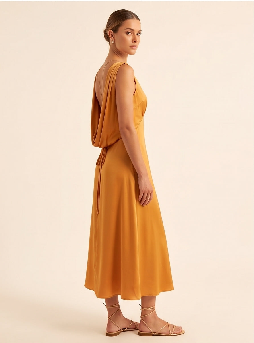 Amber Gold Open-Back Satin Midi Dress