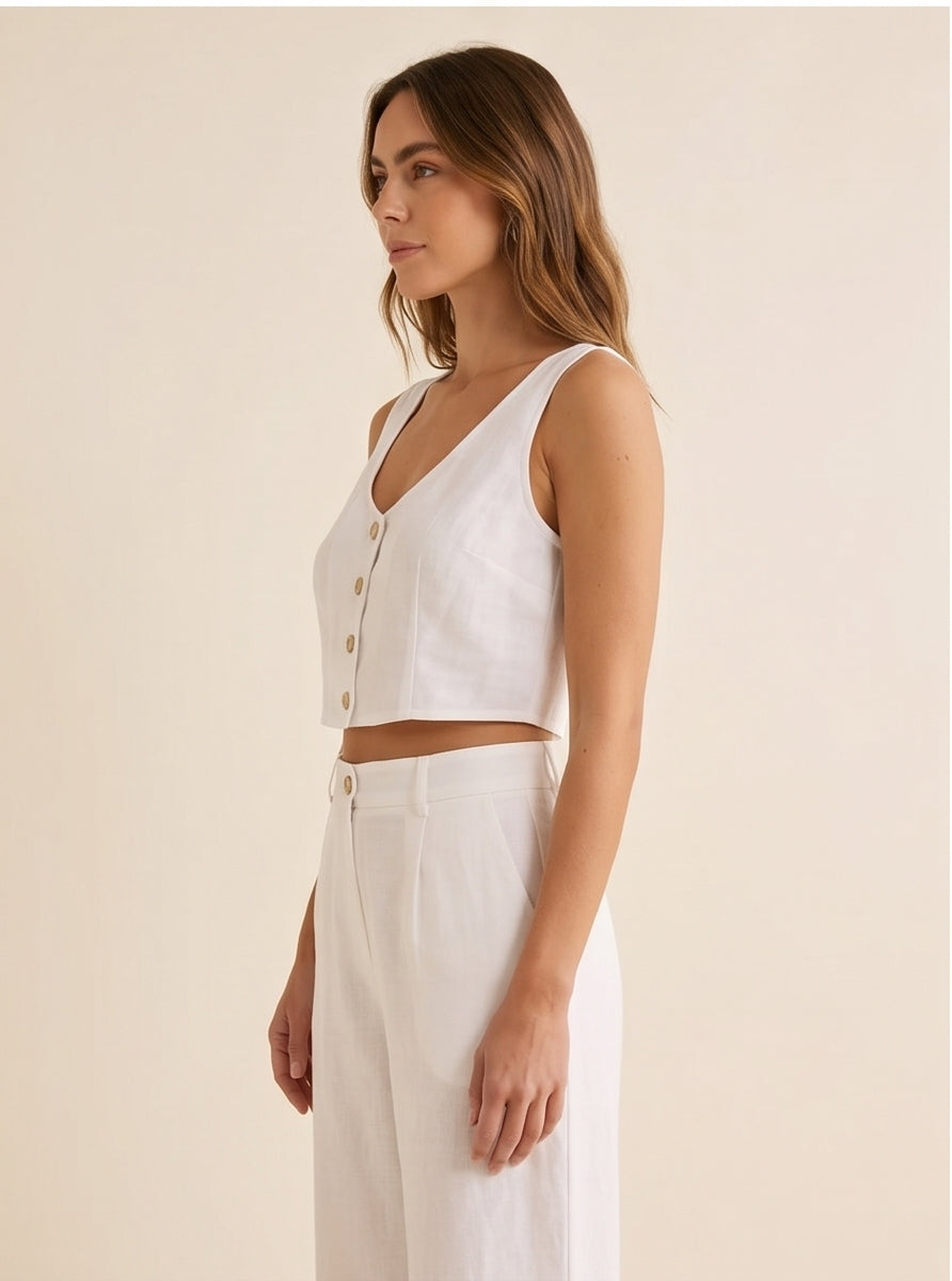 White Linen Crop Top & Wide-Leg Trouser Set