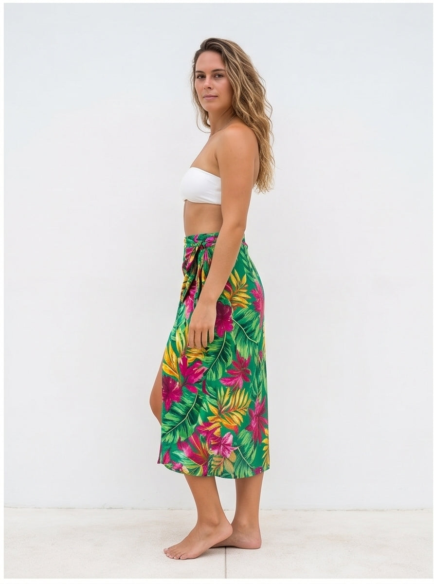 Tropical Print Midi Wrap Skirt