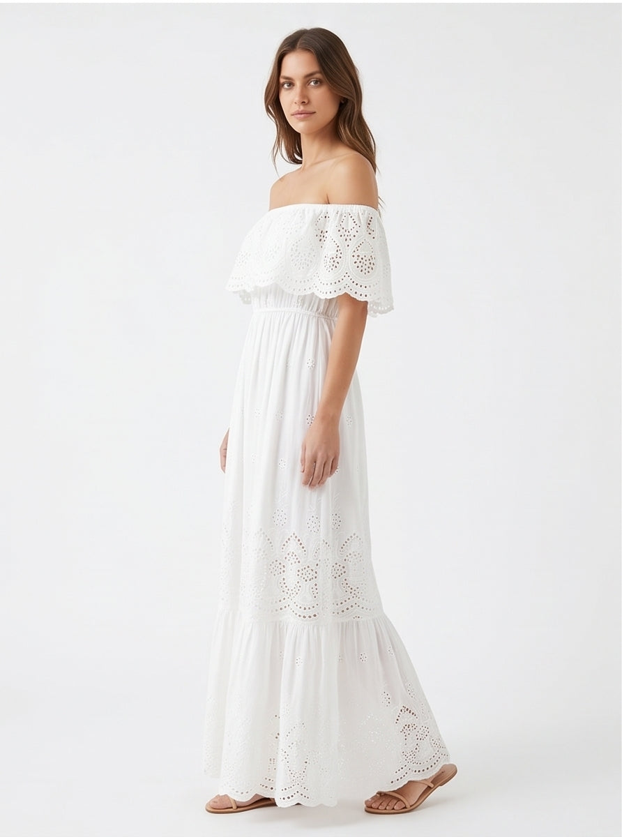 White Broderie Anglaise Off-Shoulder Maxi Dress
