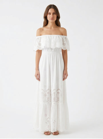 White Broderie Anglaise Off-Shoulder Maxi Dress