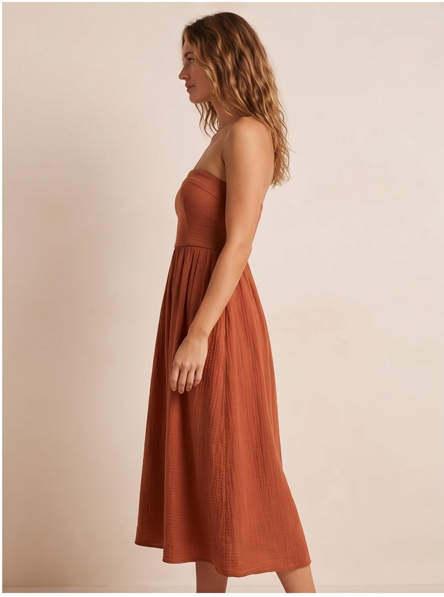Terracotta Strapless Bandeau Midi Dress