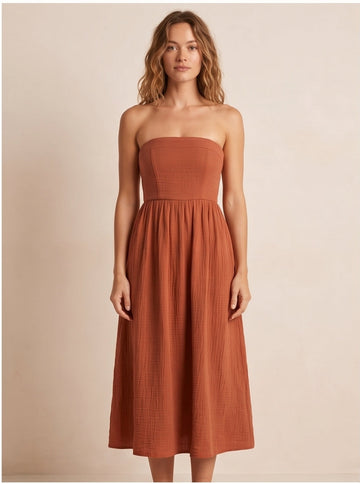 Terracotta Strapless Bandeau Midi Dress