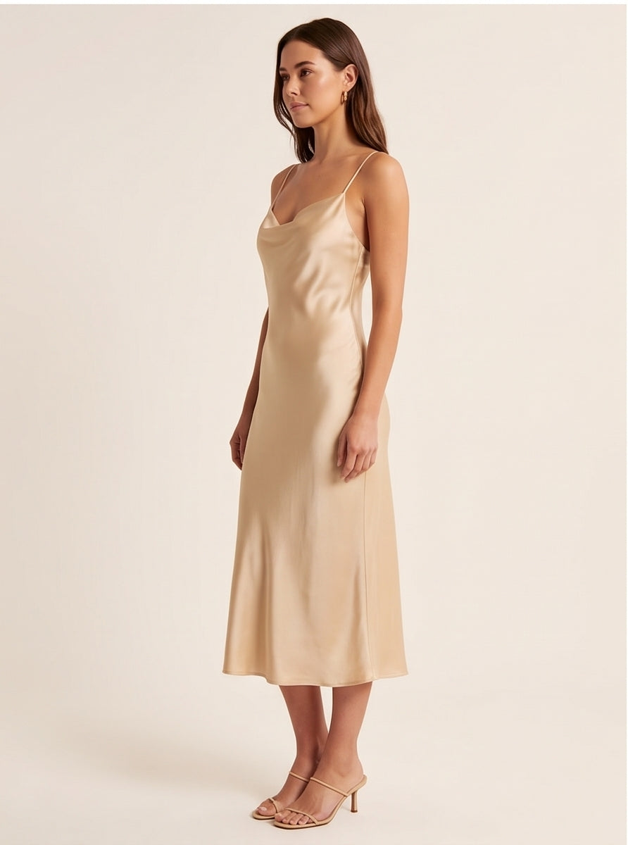Champagne Satin Bias-Cut Slip Midi Dress