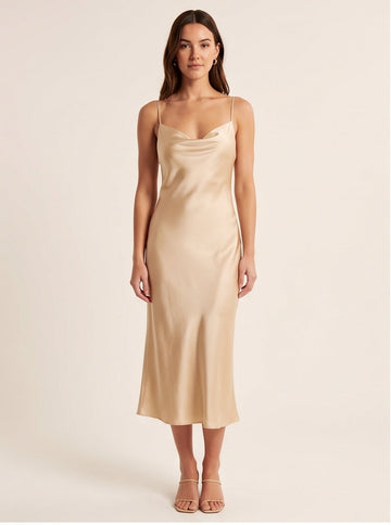 Champagne Satin Bias-Cut Slip Midi Dress