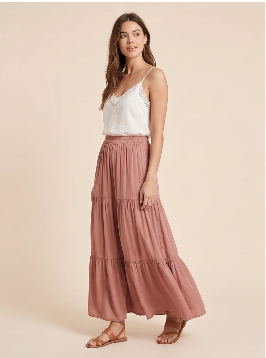 Dusty Rose Tiered Boho Maxi Skirt