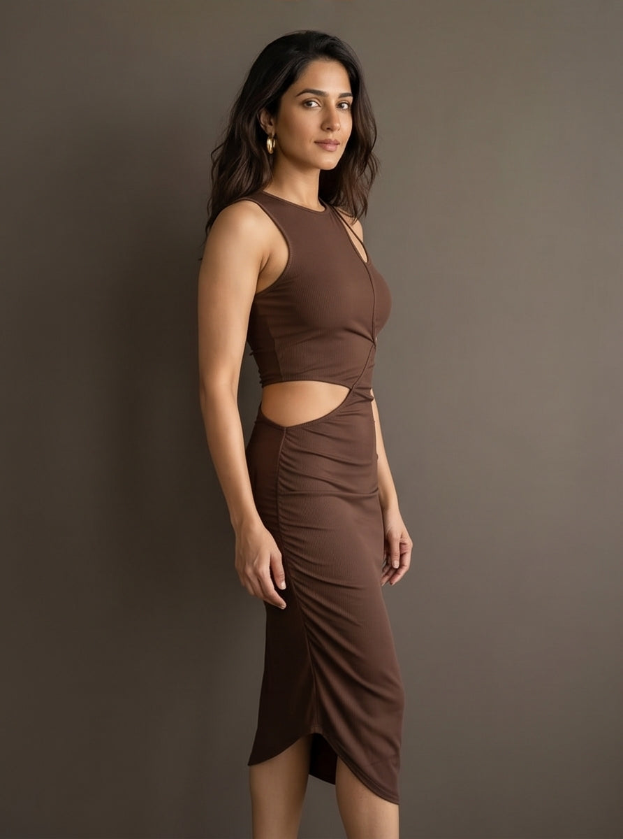 Chocolate Brown Cut-Out Asymmetric Midi Dress