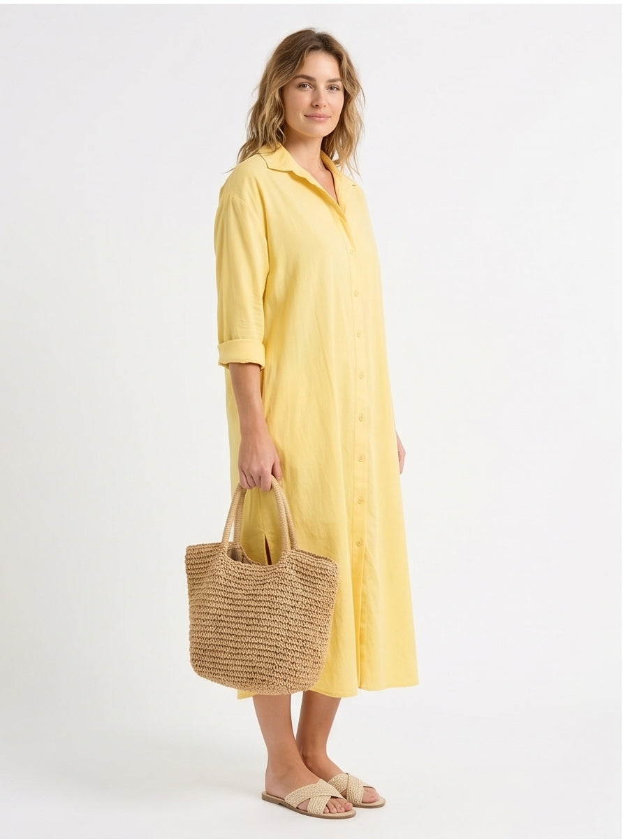 Sunshine Yellow Button-Through Midi Shirt Dress