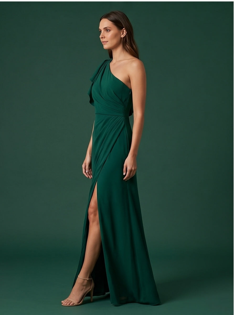 Emerald Green One-Shoulder Ruffle Maxi Dress