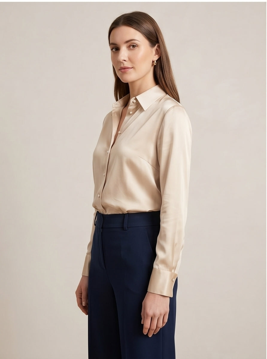 Champagne Silk Pearl-Button Blouse