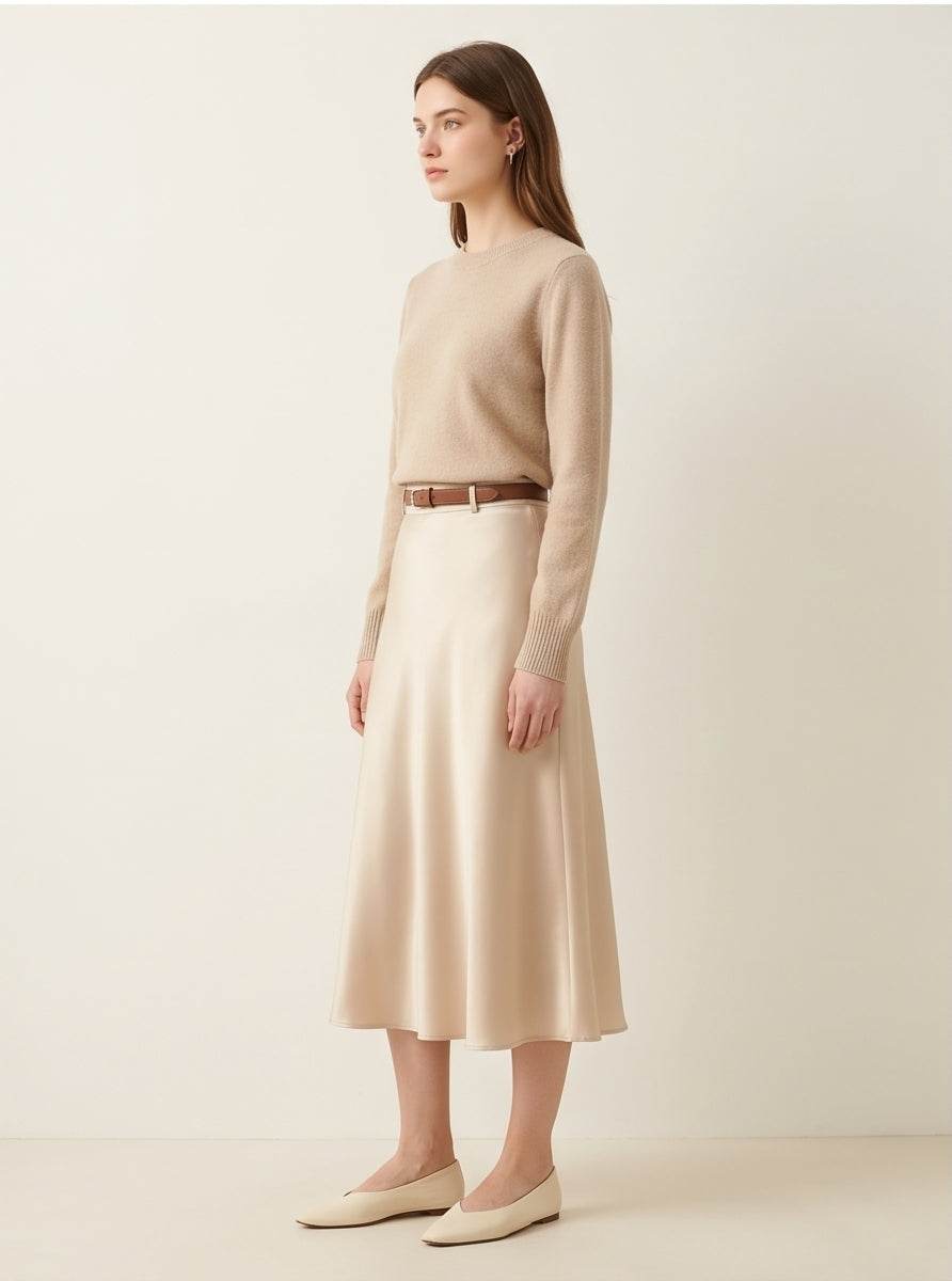 Champagne Satin Midi Skirt