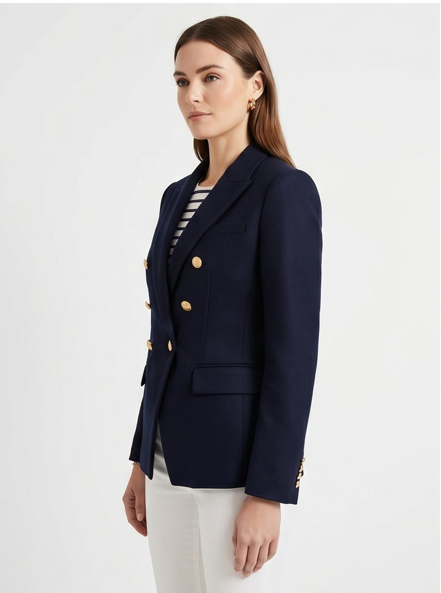 Navy Gold-Button Fitted Blazer