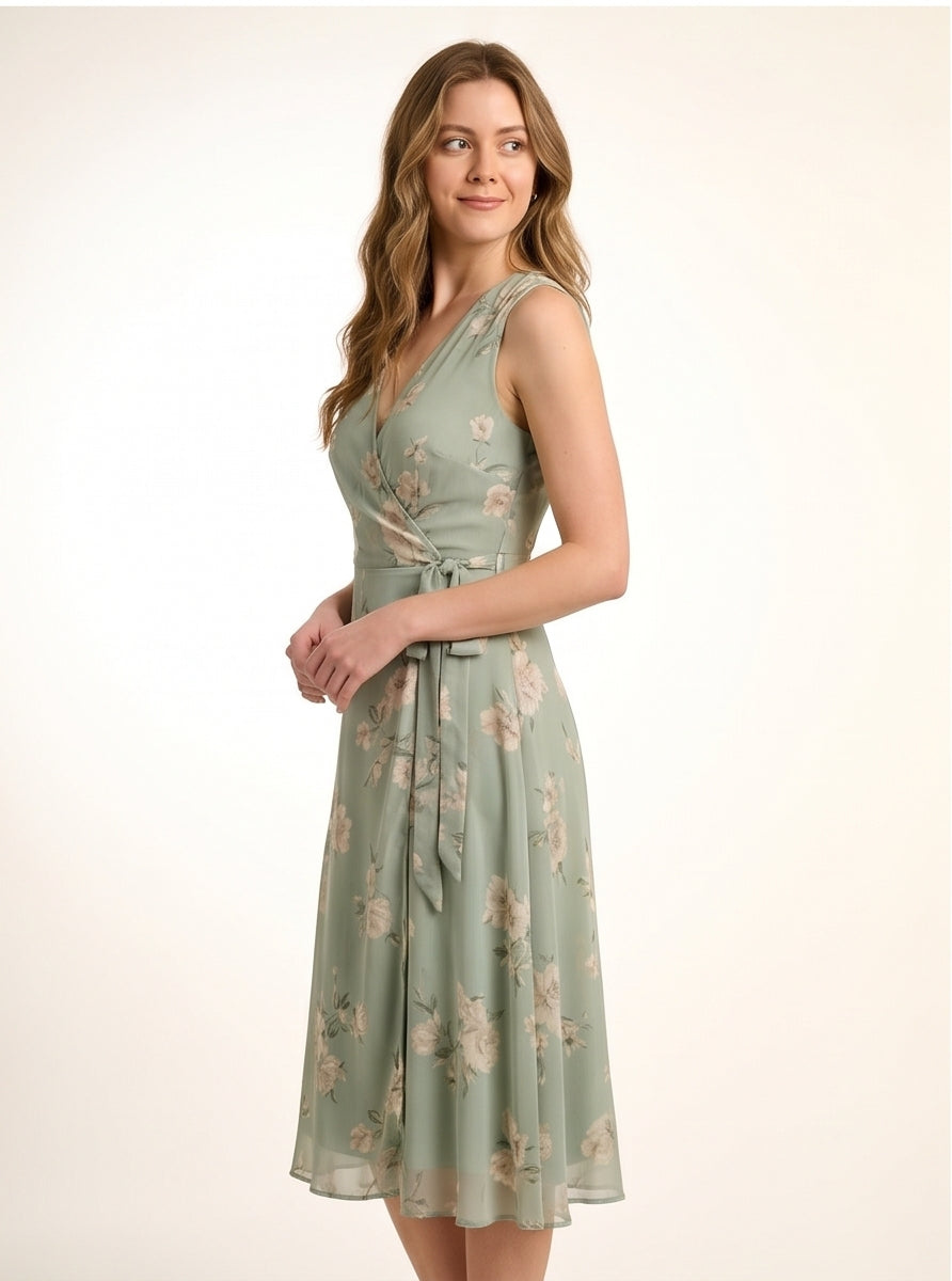 Sage Green Chiffon Midi Wrap Dress