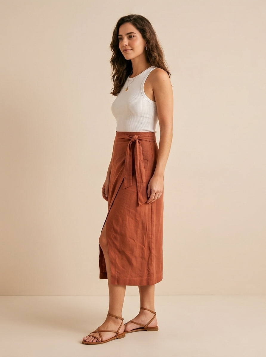 Terracotta Wrap Midi Skirt