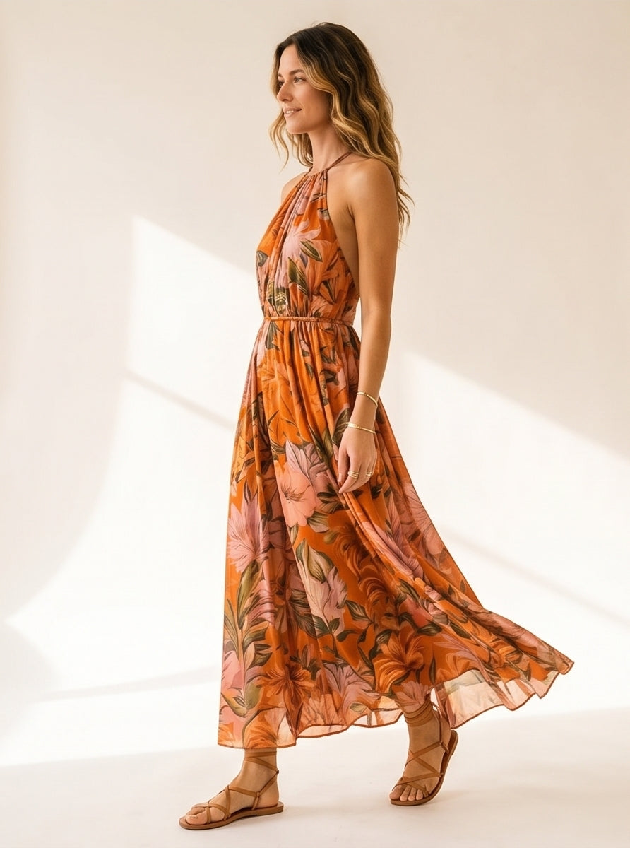 Botanical Print Halter Maxi Dress
