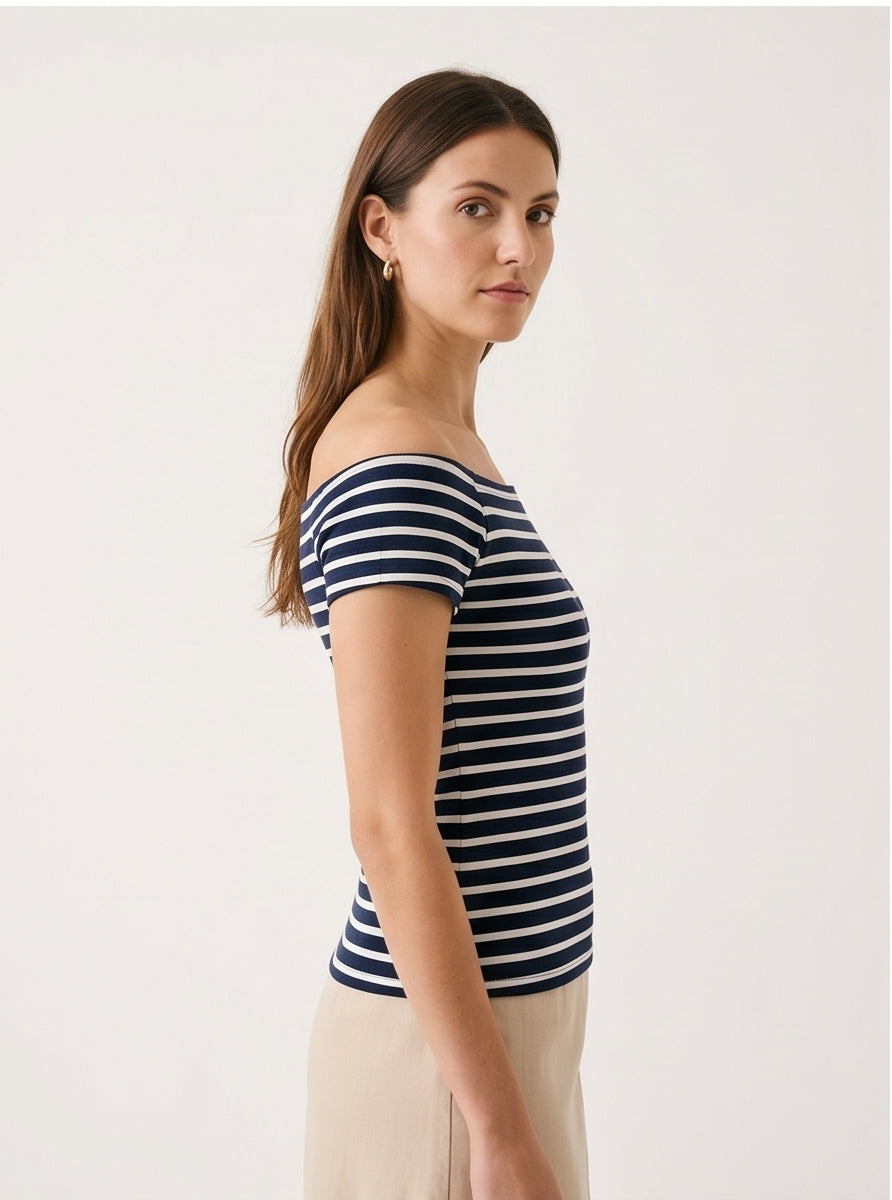 Navy Stripe Bardot Off-Shoulder Top