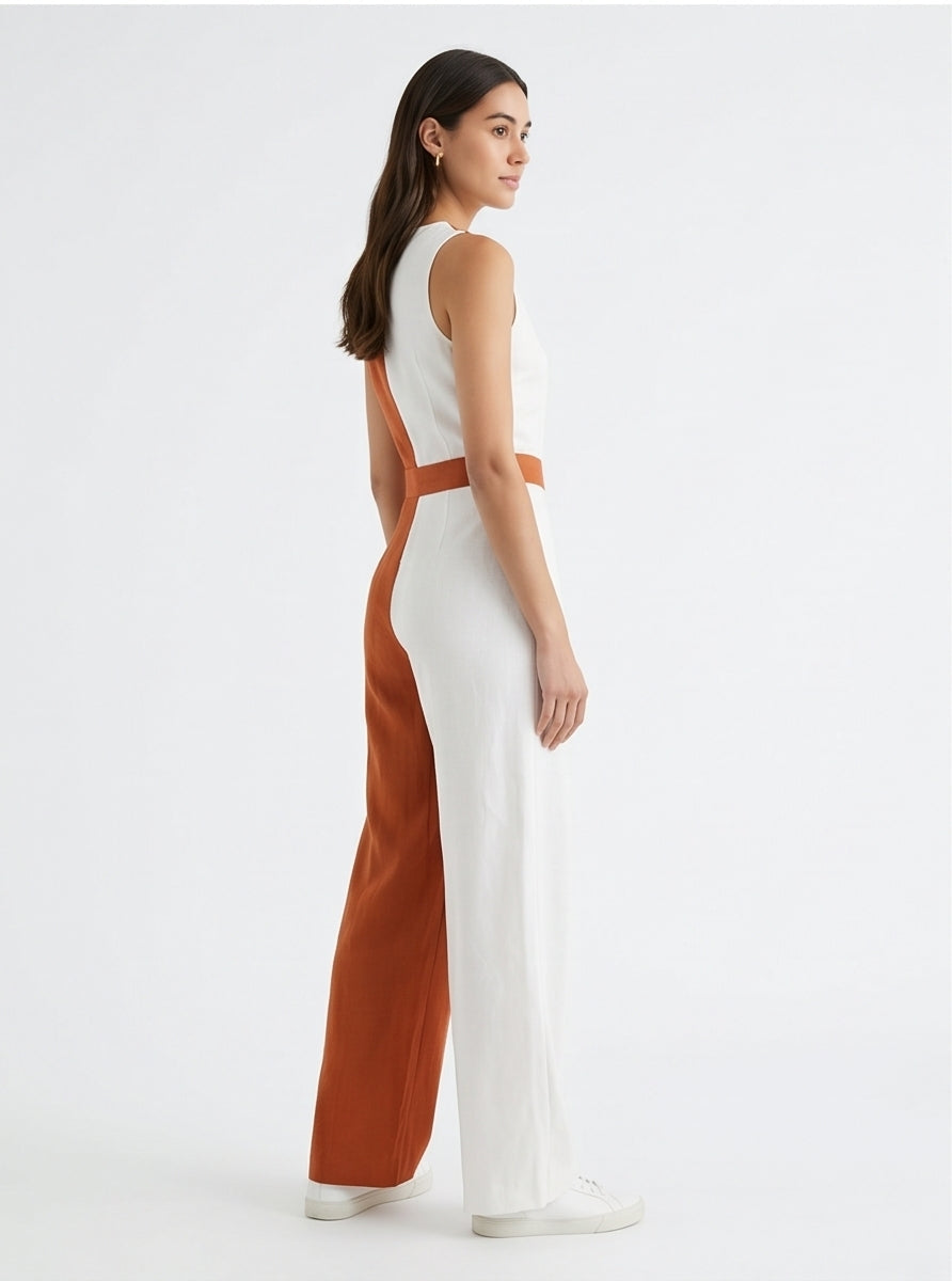 Rust & White Color Block Wide-Leg Trousers