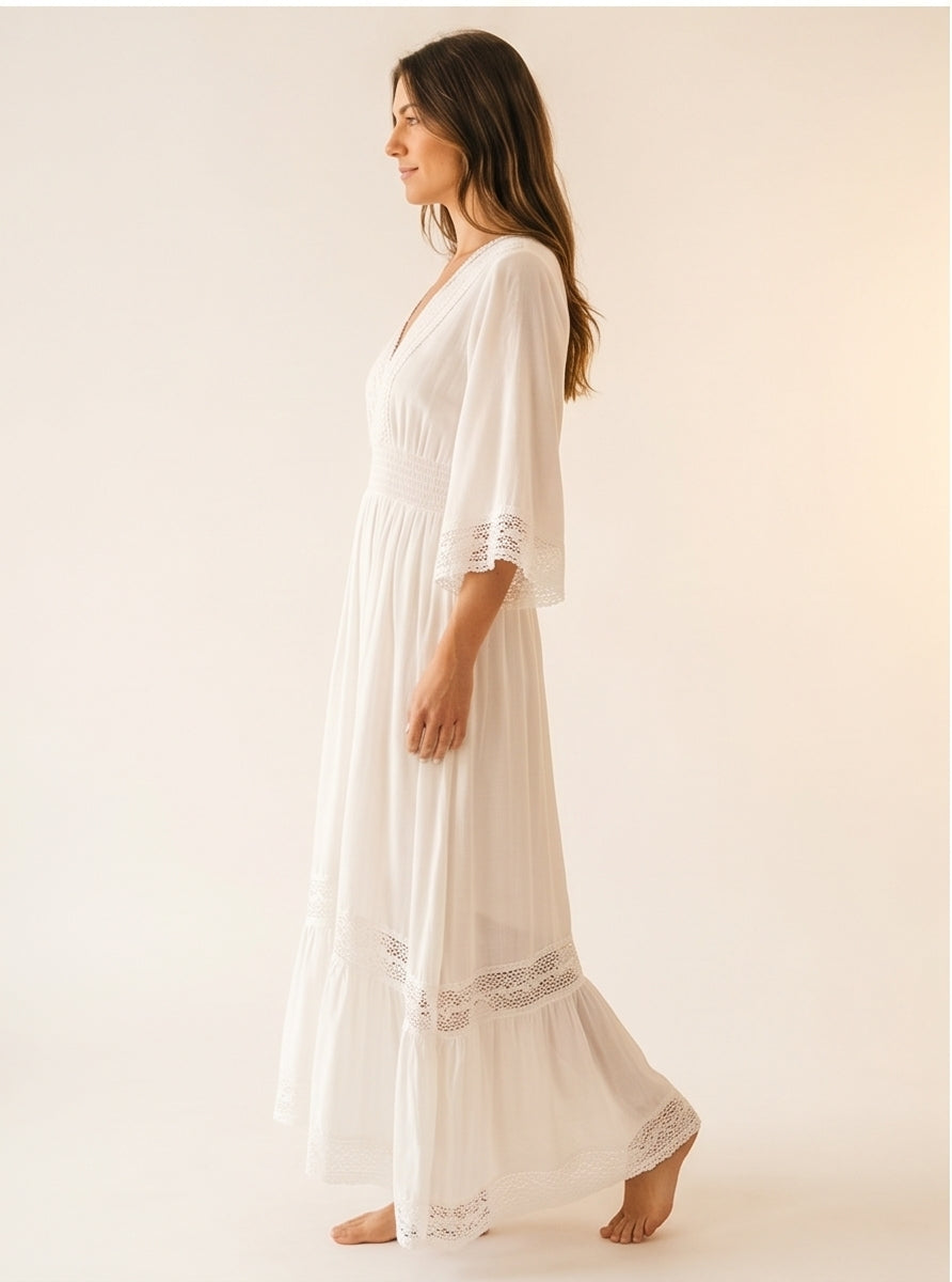White Boho Maxi Dress with Lace Trim