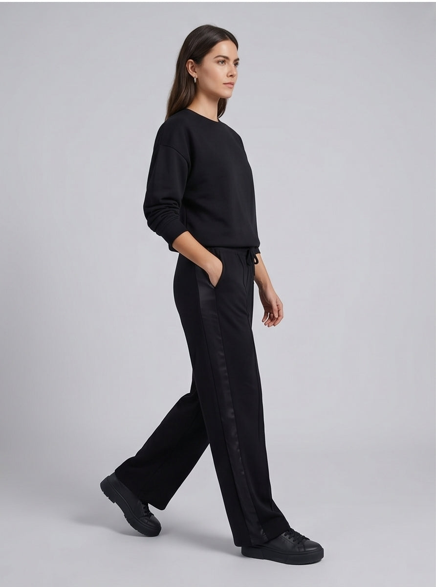 Wide-Leg Black Satin-Stripe Joggers