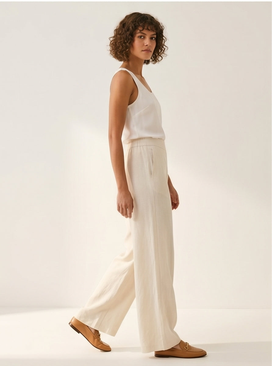 Wide-Leg Cream Linen Trousers Elastic Waist