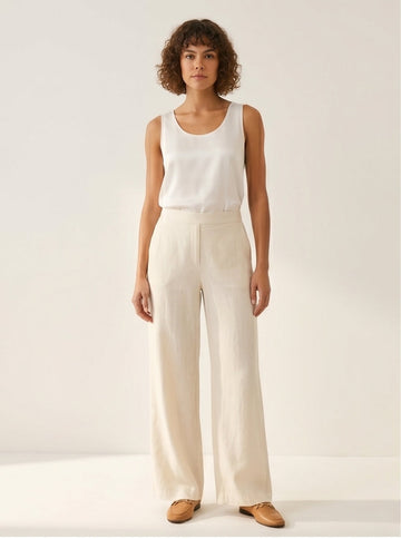Wide-Leg Cream Linen Trousers Elastic Waist