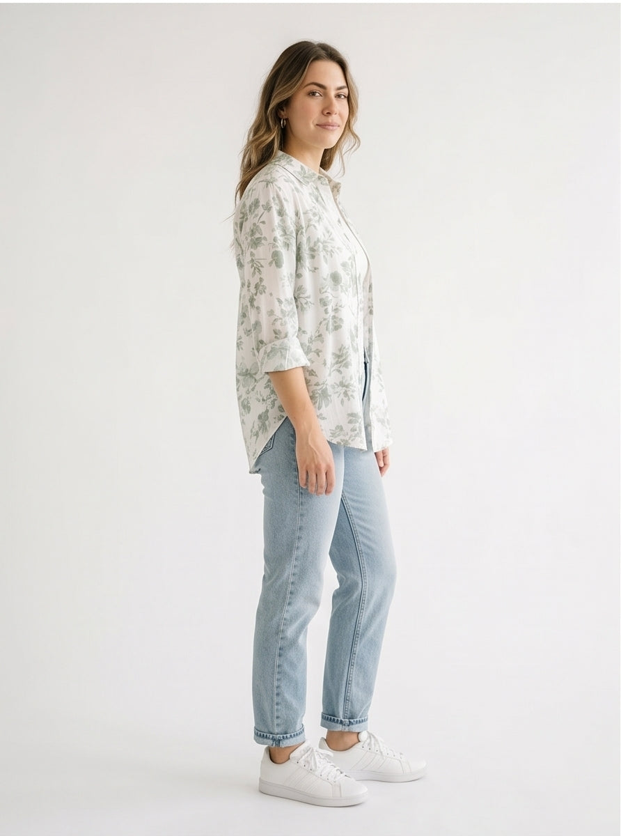 Floral Button-Down Shirt White Sage Green