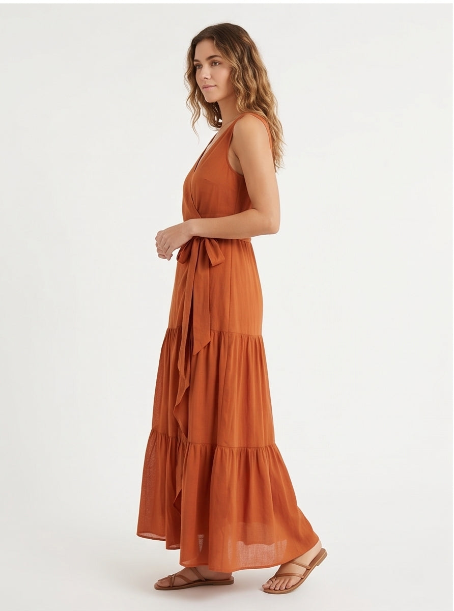 Rust Orange Wrap Maxi Dress