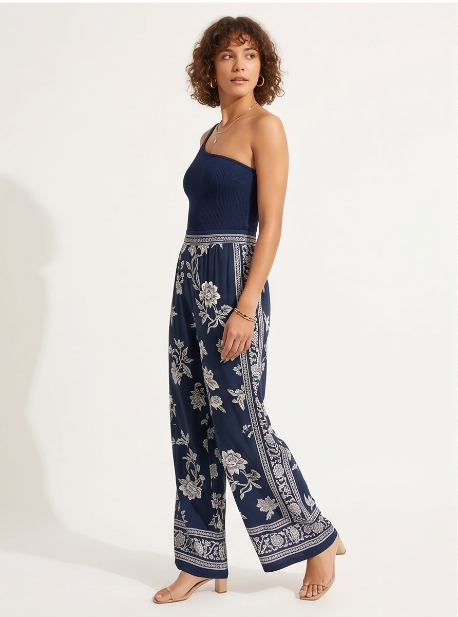 Navy Printed Wide-Leg Palazzo Pants Resort Pool Fashion